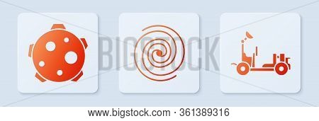 Set Black Hole, Planet And Mars Rover. White Square Button. Vector
