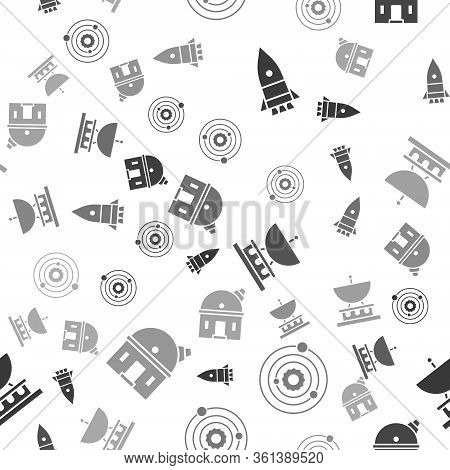 Set Rocket Ship, Solar System, Satellite Dish And Astronomical Observatory On Seamless Pattern. Vect