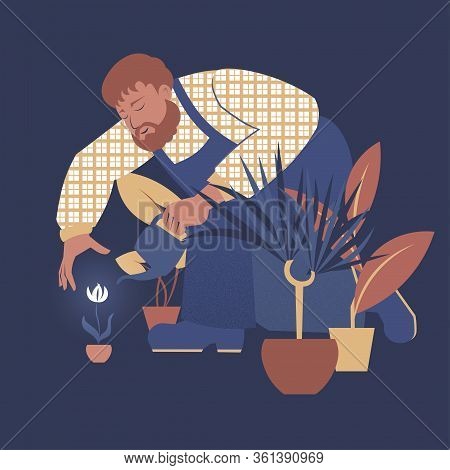 Vector Illustration With A Gardener Tending House Plants.