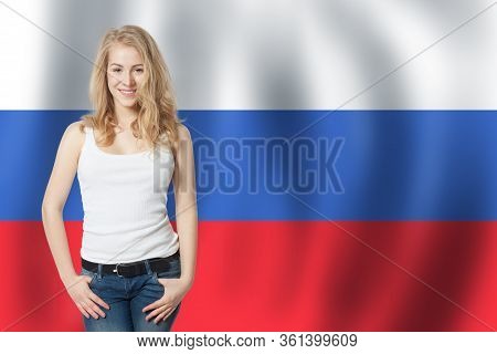 Russia Concept With Happy Woman Student On The Russian Federation Flag Background. Learn Russian Lan