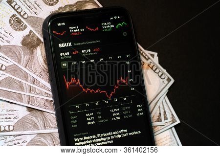Samara Russia - 04.05.2020: Starbucks Corporation On The Screen Of Iphone 11 Against The Backdrop Of