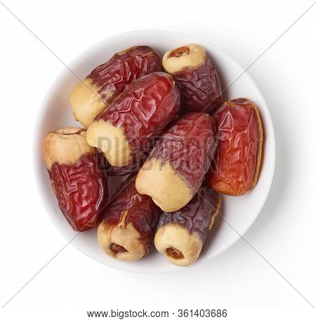 Bowl Of Dates Isolated On White, From Above