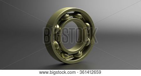 Ball Bearing, Golden Color Metal Spare Part On Black. 3D Illustration