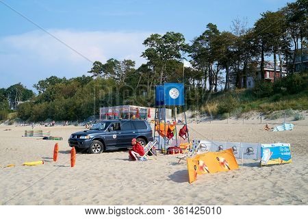 Rewal, Poland - September 01, 2019: Lifeguard At The Beach Of The Polish Baltic Sea Coast Near Rewal