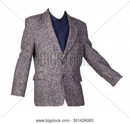 Gtay Jacket With Buttons And A Dark Blue T-shirt With A Collar And Buttons Isolated On A White Backg