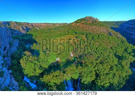 Aerial Stiched Panorama Of The Manojlovac Waterfall Located Downstream Of Brljan Lake In Canyon Of K