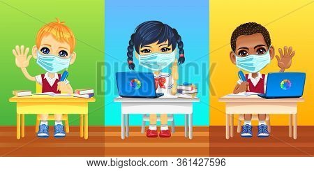 European, Asian And African Schoolkids In Protective Masks And School Uniforms Sitting At School Des