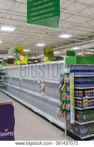 Empty Grocery Store Shelves At Publix Fully Out Of Stock Of All Supplies Including Toilet Paper, Pap