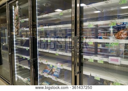 Empty Freezer Shelves At Publix Featuring Frozen Food Shortage Including Organic Vegetables, Pizza,