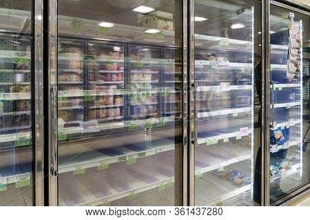 Empty Freezer Shelves At Publix Featuring Frozen Food Shortage Including Organic Vegetables, Pizza,