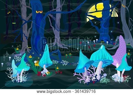 Phosphorizing Magic Mushrooms In A Fairy Forest. Full Moon In A Mystical Place. Scary Trees, Fog, An