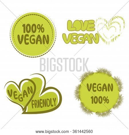 Love Vegan. Vegan Friendly. Fresh Organic Vegetarian Food Logo Labels. Healthy Food Icons. Vector