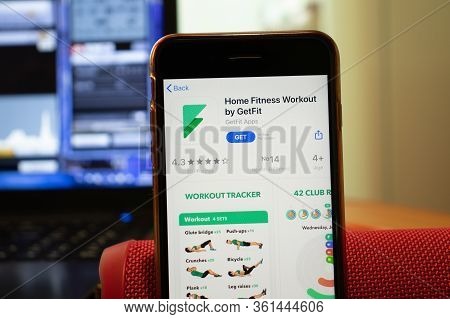 Los Angeles, California, Usa - 16 April 2020: Home Fitness Workout By Getfit Logo On Screen Close Up