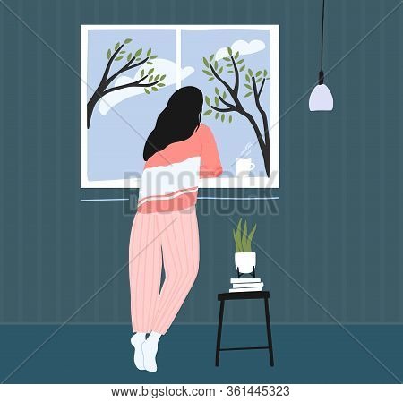 Young Woman At Home Longing At Window. Spring Landscape Outside, Blue Sky With Clouds And Trees. Coz