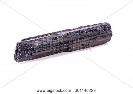 Macro Mineral Stone Sherle, Schorl, Black Tourmaline On White Background