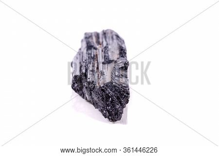 Macro Mineral Stone Sherle, Schorl, Black Tourmaline On White Background