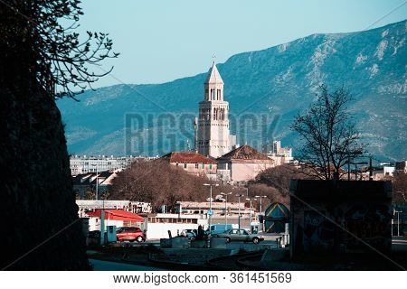 Saint Dominus Belltower In Split,croatia Seen From A Different Angle, Train Tracks And Ugly Abandone