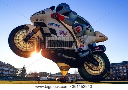 Mondovì, Italy - January 5, 2019: Very Big Hot-air Balloon Shaped Like A Motorbike, Just Before The 
