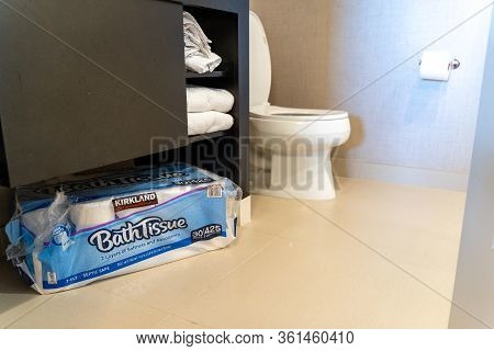 Maple Grove, Minnesota - April 15, 2020:  Kirkland Signature Bathroom Toilet Paper Tissue Package St