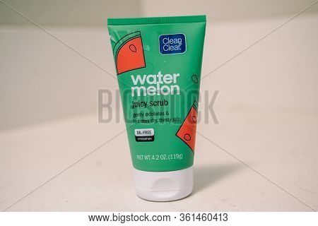 Maple Grove, Minnesota - April 15, 2020:  Clean And Clear Brand Watermelon Juicy Scrub For Face Sits