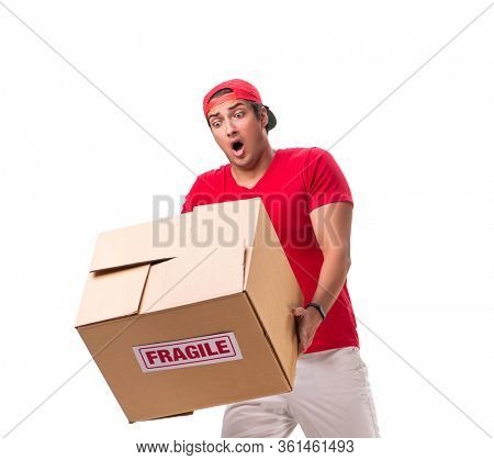 Handsome contractor holding fragile box isolated on white
