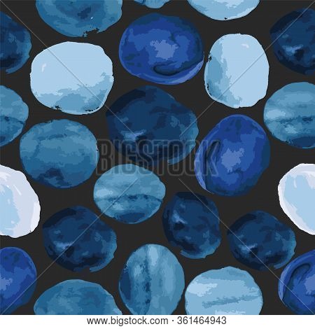 Vector Repeating Patern, Wattercolor Stones In Shades Of Blue On Black Background