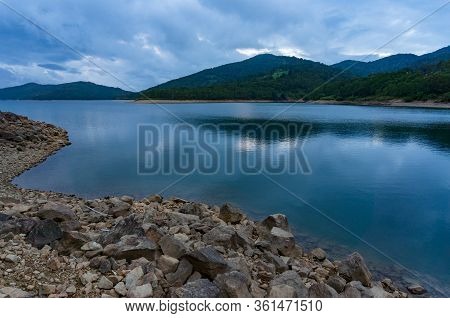 Mountain Lake Landscape. Nozori Lake, Dam Surrounded By Mountains. Gumna, Japan