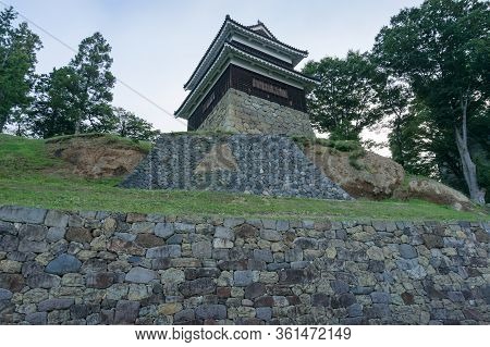 Traditional Japanese Castle On Stone Hill. Ueda Castle Historic Building In Nagano, Japan