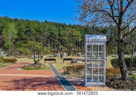 White Wooden Box With Square Windows Under Tree In Public Park