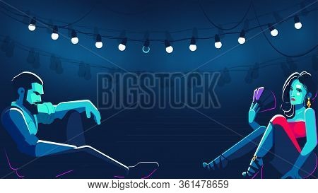 Latino Couple Sitting Opposite Each Other. Flat Style Neon Illustration On Dark Bleu Background