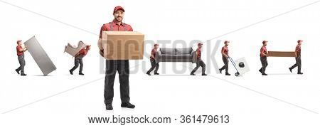 Worker from a removal company carrying home appliences and furniture isolated on white background