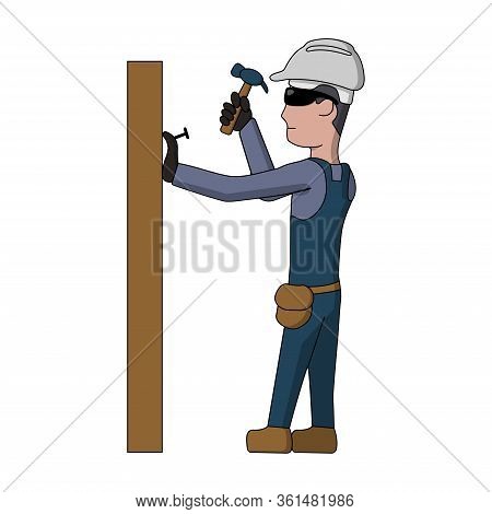 Cartoon Man A Carpenter In Overalls, In A Construction Helmet And Goggles Holds A Hammer In His Hand
