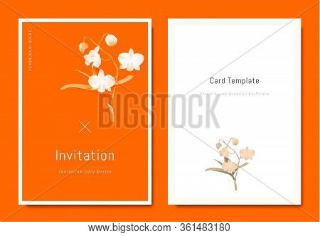 Botanical Invitation Card Template Design, Dendrobium Orchid Flower On Orange Background, Minimalist