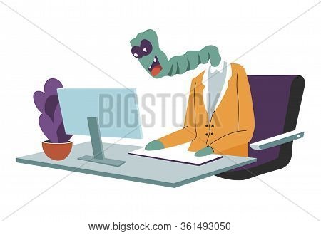Alien Character In Office Working On Laptop Vector