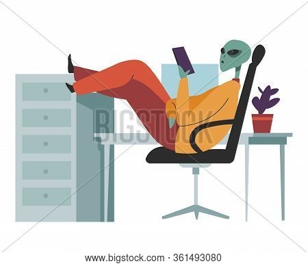 Alien Character At Coffee Break At Work Vector