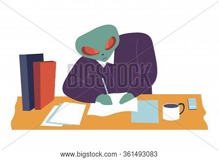 Alien Boss Writting Paper At Work, Extraterrestrial Character