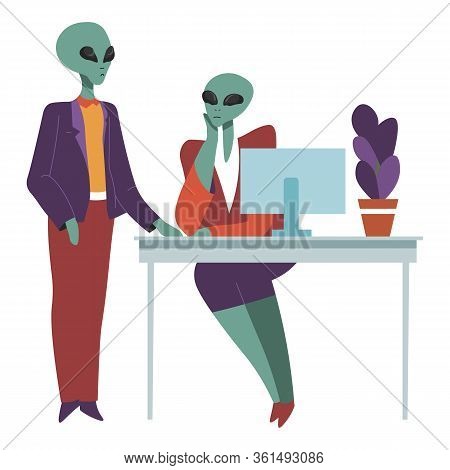 Aliens At Work Talking On Working Place, Boss And Secretary