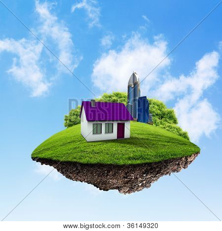 Kousek půdy ve vzduchu s domem a strom.