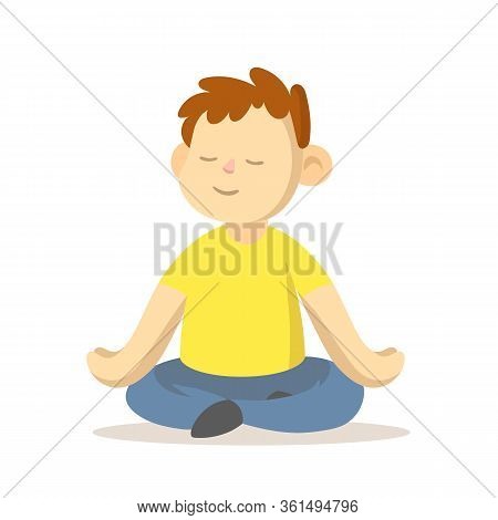 Calm Boy Maditating In Lotus Position, Cartoon Character Design. Flat Vector Illustration, Isolated 