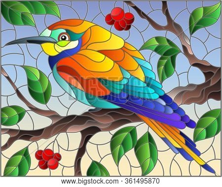 Illustration In The Style Of Stained Glass With A Beautiful Bright Bird  On A  Background Of Branch 