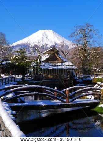 World Heritage Site, Mt. Fuji With Snow Scenery Of Oshino Hakkai Japan 04/14/2020