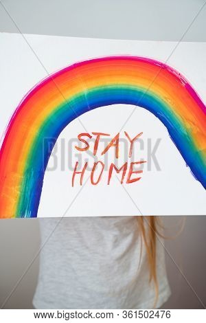Small Girl With Blond Hair Drew A Rainbow And A Poster Stay Home. Flashmob Chasetherainbow.