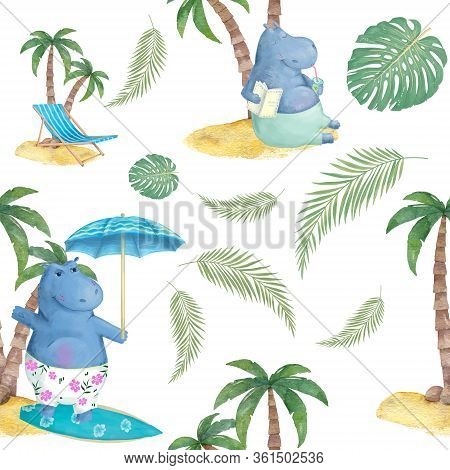 Hand Drawn Cute Isolated Tropical Summer Watercolor Hippo Animals. Hippopotamus Swimming Cartoon Ani