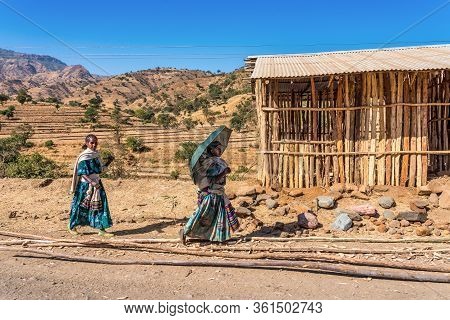 Aksum, Ethiopia - Feb 08, 2020: Ethiopian People On The Road From Axum To The Simien Mountains, Nort
