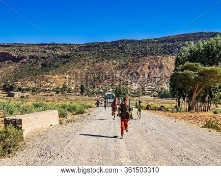 Axum, Ethiopia - Feb 11, 2020: Ethiopian Children Seen On The Road From Axum To Gheralta, Tigray In 