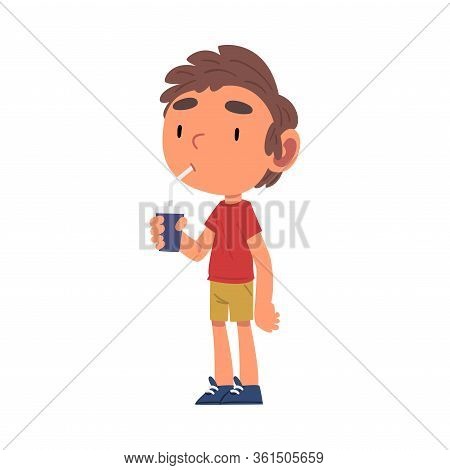 Boy Drinking Soda Drink From Paper Cup Through Straw, Schoolboy Daily Routine Activity Cartoon Vecto
