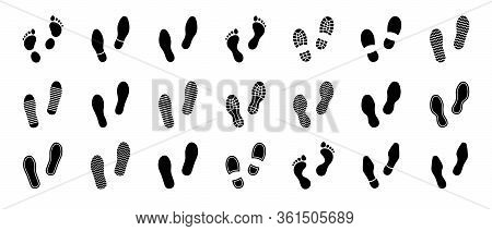 Flat Linear Design. Different Human Footprints. Black Silhouettes Isolated On White Background. Vect