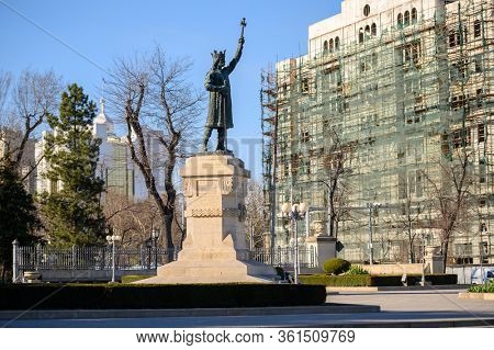 Chisinau, Moldova - March 16, 2020: statue of Stefan cel Mare AKA Stephen III the Great of Moldavia 1433-1504 at park entrance in the center of city
