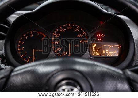Novosibirsk/ Russia - April 11, 2020: Toyota Celica, Car Panel, Digital Bright  Red Speedometer, Odo
