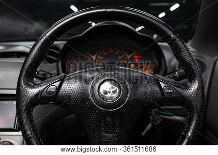 Novosibirsk/ Russia - April 11, 2020: Toyota Celica, Auto Interior: Steering Wheel With Logo And But